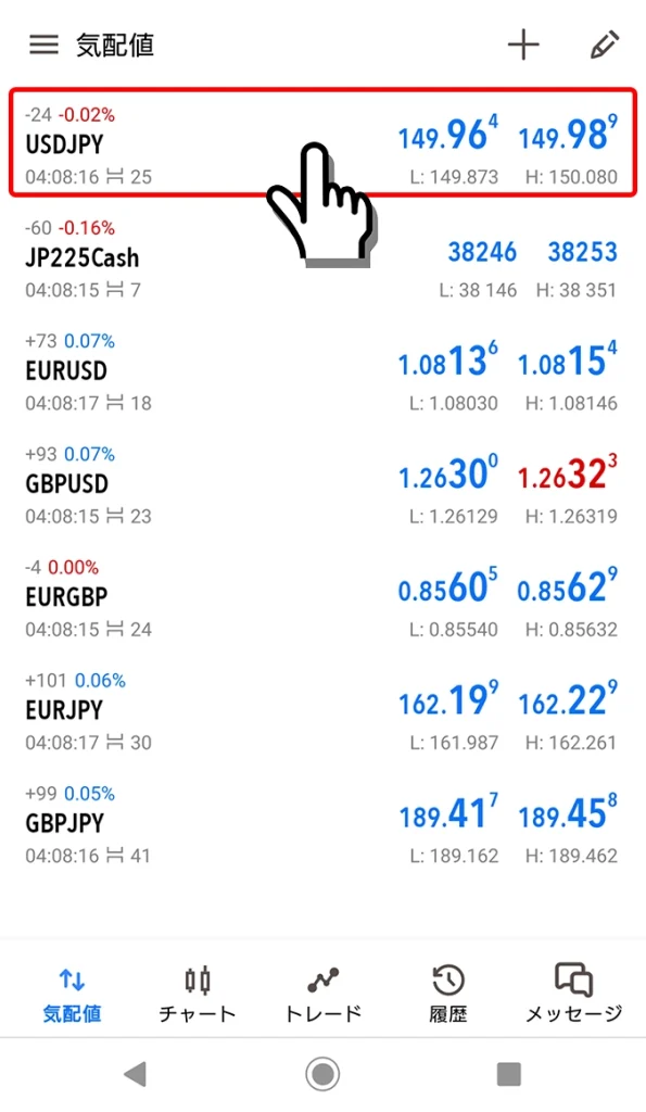 Android用MT4/MT5アプリから注文したい通貨ペアをタッチ
