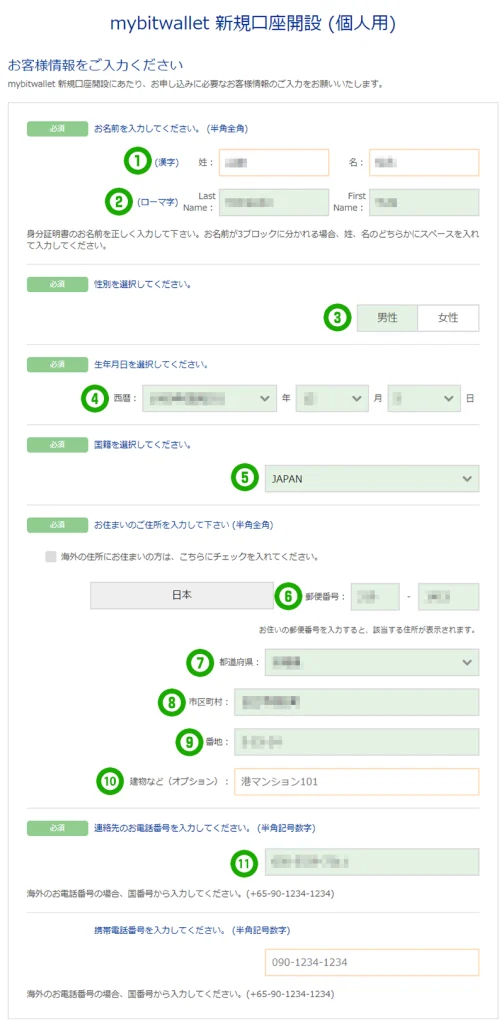 bitwallet口座開設フォーム入力例