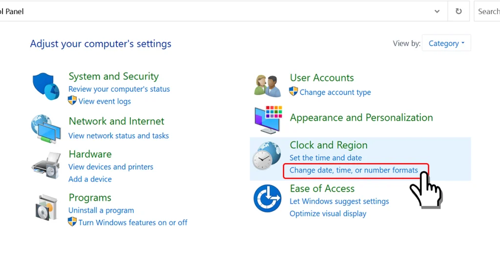 「Change date, time, or number formats」を選択