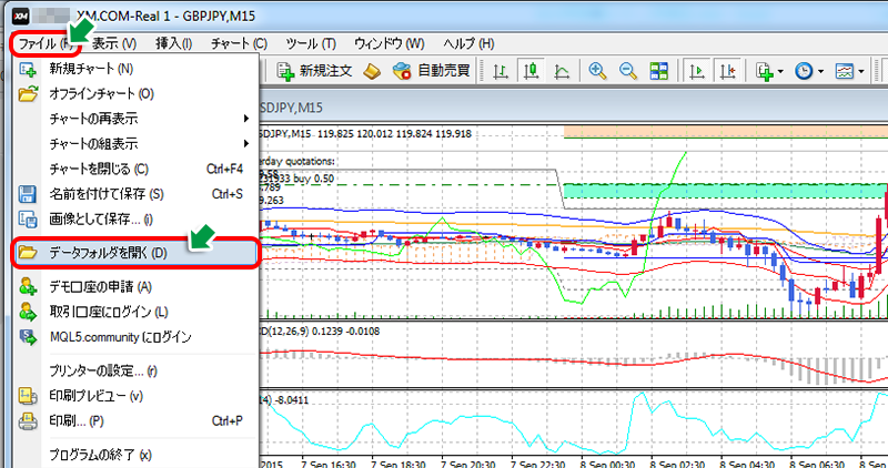 MT4のデータフォルダを開くをクリック