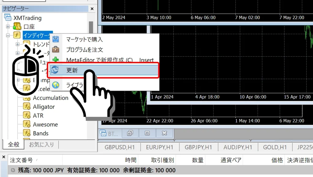 インディケータを選択後に右クリック→更新をクリック