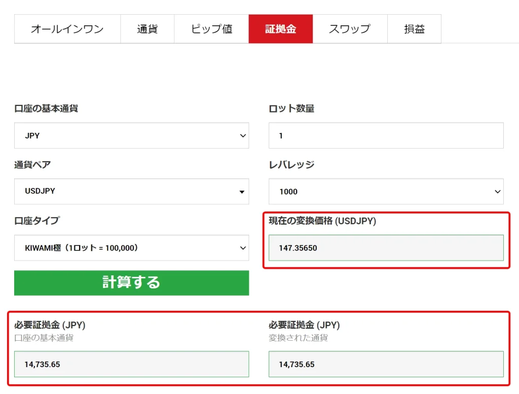 XMの必要証拠金計算ツールの結果