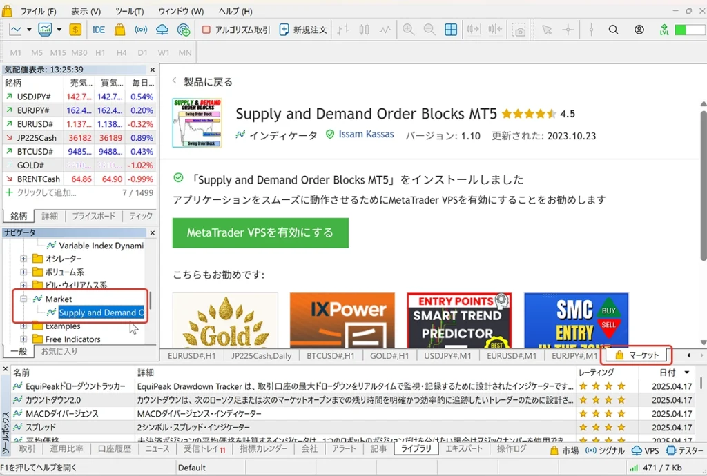 チャートフレームにマーケットタブが表示される