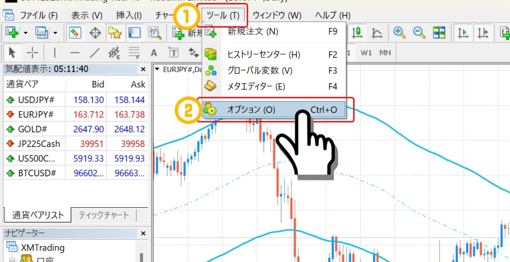 ツール→オプションを選択