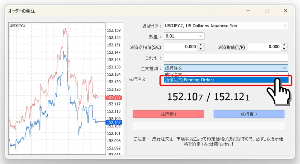 注文種別から指値注文（Pending Order）を選択