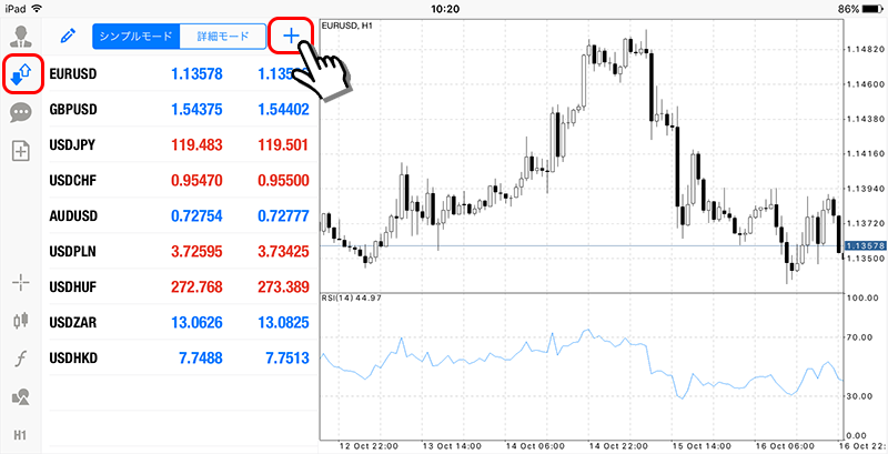 iPad用MT4アプリの気配値画面からプラスアイコンをタッチ