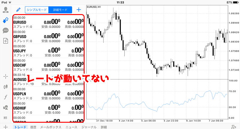 MT4/MT5アプリの為替レートが動かない例