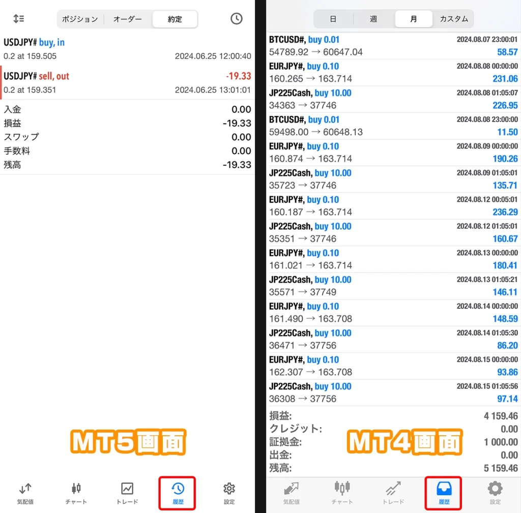 iPhone用MT5(左)とiPhone用MT4(右)の履歴画面
