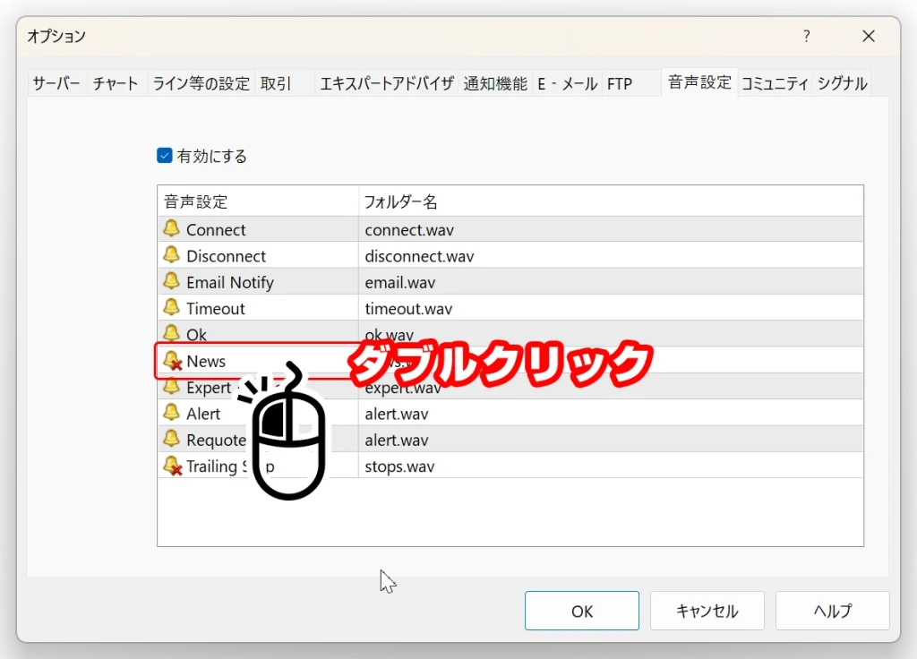 音声設定の各項目をダブルクリックしてオンオフを切り替え