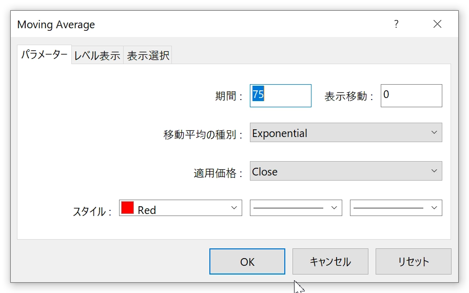 Moving Average（移動平均線）の設定例