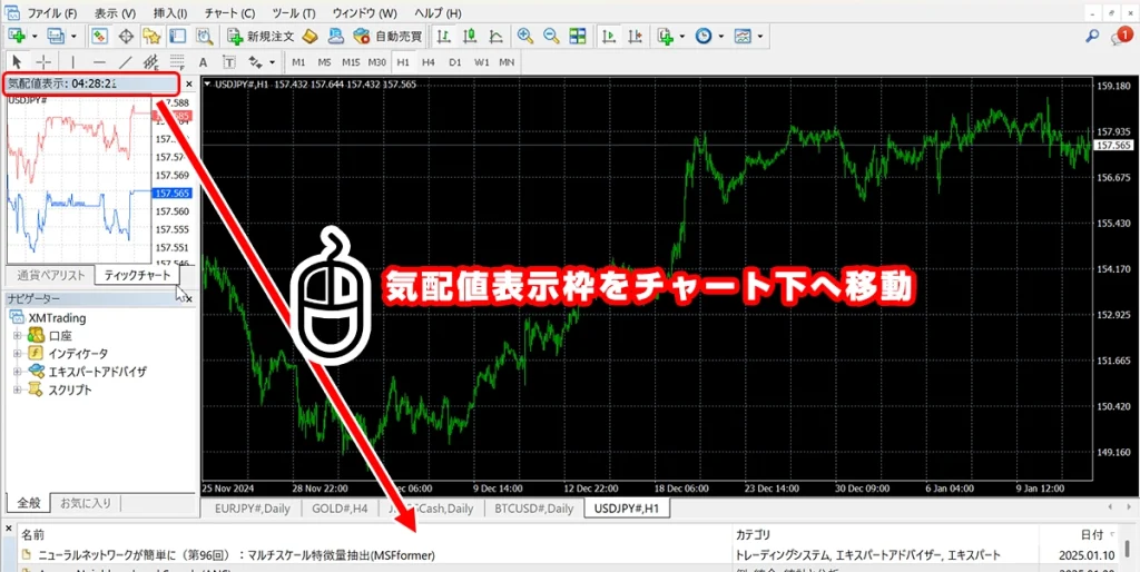 気配値表示枠を左クリックで押しながらチャート下へ移動が可能