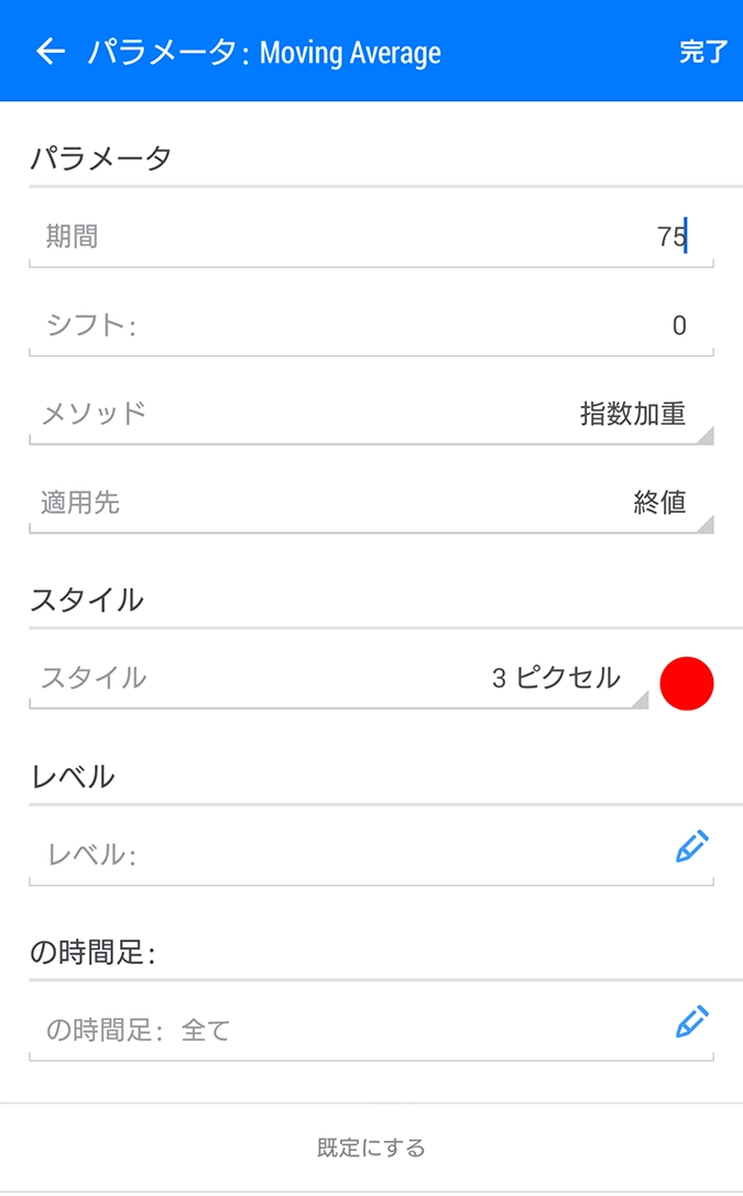 Android用MT5アプリのインディケーター設定画面