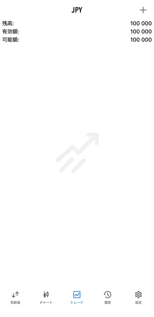 MT5アプリのトレードタブ画面