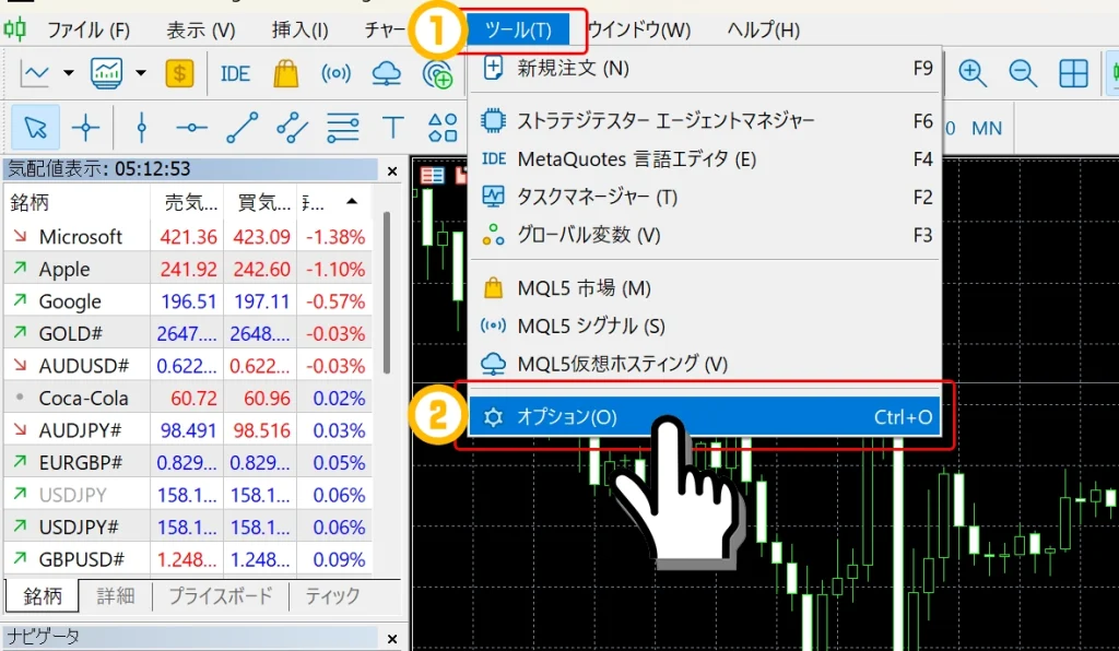 ツール→オプションを選択