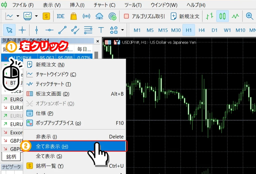 気配値で右クリック→全て非表示