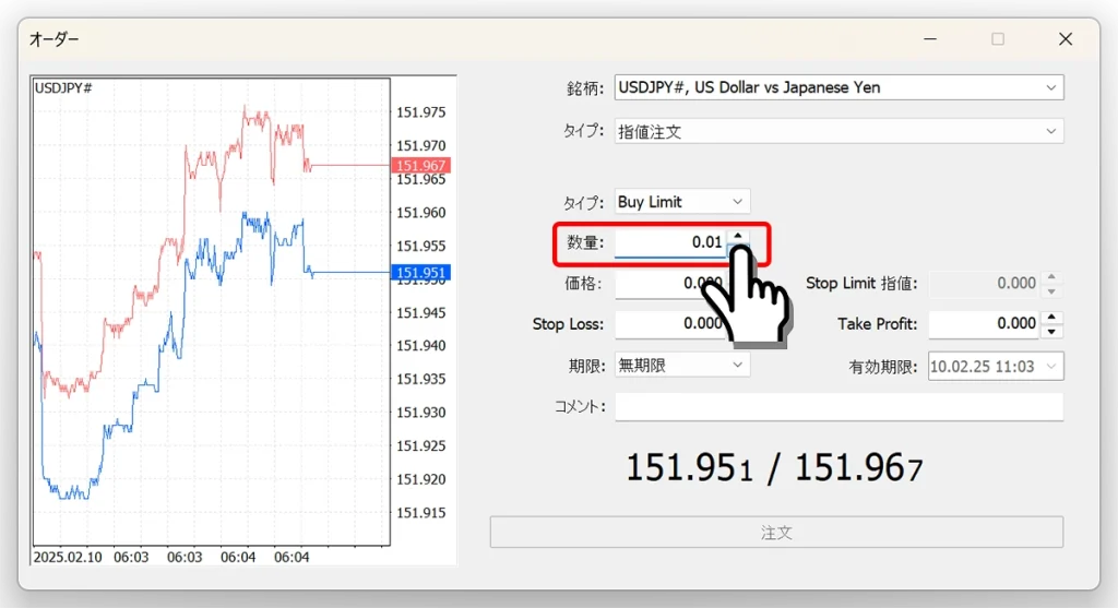 注文数量をロット単位で入力