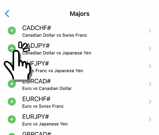 iPhone用MT5アプリの通貨ペア追加画面