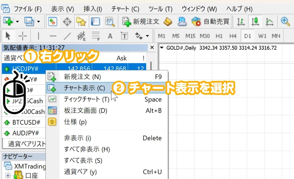 MT5の気配値画面からチャートを表示する手順