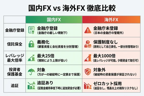 国内FXと海外FXの規制・保護制度・レバレッジ・追証の違いを比較した一覧表