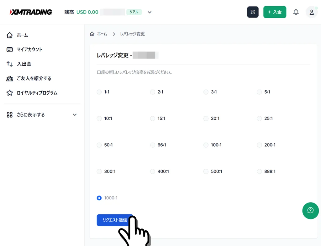 ご希望のレバレッジにチェックを入れてリクエスト送信