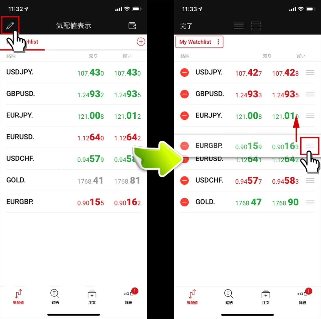 通貨ペアの並び替え手順