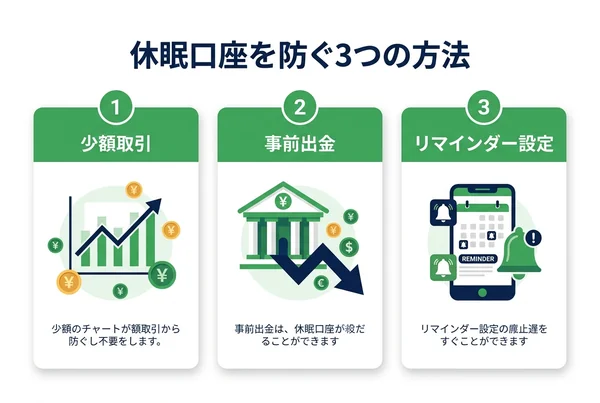 XMTradingの休眠口座を防ぐ3つの方法:少額取引・事前出金・リマインダー設定の図解