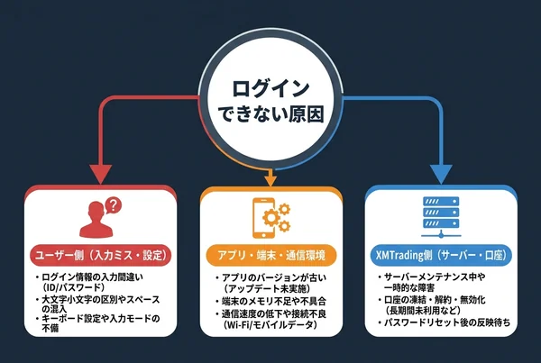 XMTradingアプリにログインできない原因をユーザー側・アプリ端末側・XMTrading側の3カテゴリに分類した概念図