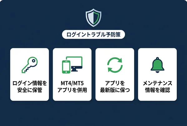 XMTradingアプリのログイントラブルを事前に防ぐための4つの予防策を示したインフォグラフィック