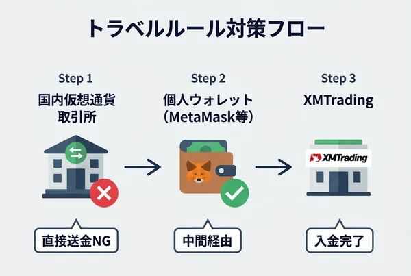 国内取引所からXMTradingへの仮想通貨送金でトラベルルールを回避するための個人ウォレット経由フロー図