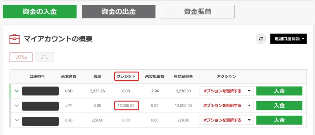 XMTrading会員ページのクレジットにボーナス額が反映